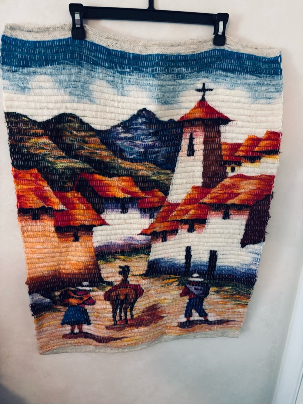 Vintage Handwoven Village Tapestry - Colorful Folk Art Textile